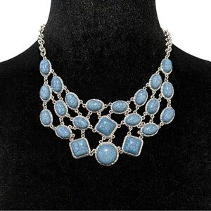 Bib Statement Necklace Silver Tone Blue Simulated Stone Lightweight Adjustable L